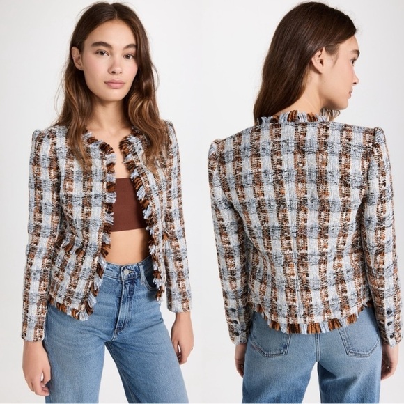 L’AGENCE Angelina Fringe Tweed Blazer Blue/Orange Multi Sz 6 - Picture 2 of 10